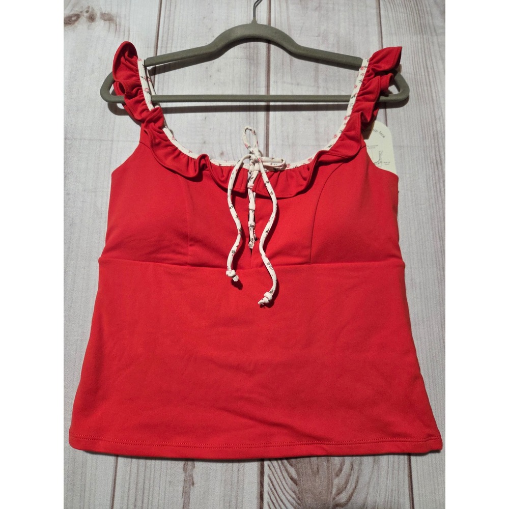 Blogilates Ruffle Lace Up Tank Red Floral Tie Activewear Top Womens Large NEW